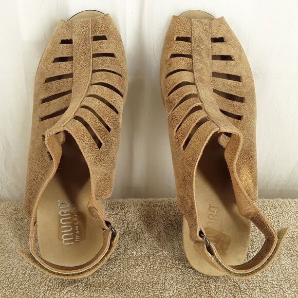 MUNRO Slingback Sandals sz 9W, Abby, Metallic/Gold Leather, Peep Toe Heels Shoes - Picture 6 of 12